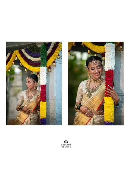 A bride posing joyfully in her gold Kanchipuram saree and custom embroidered blouse. The entire look is a perfect example of traditional South Indian bridal elegance.