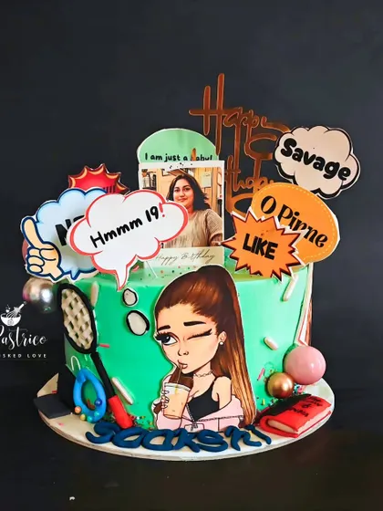 A cool pop-art cake for a 19th birthday, decorated with the birthday girl's favourite things and cartoon-style graphics.