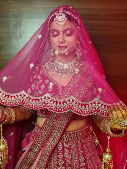This stunning bride in her red lehenga is a perfect example of a classic North Indian bridal look. We focused on radiant skin, bold eyes, and a traditional bridal bun adorned with flowers.