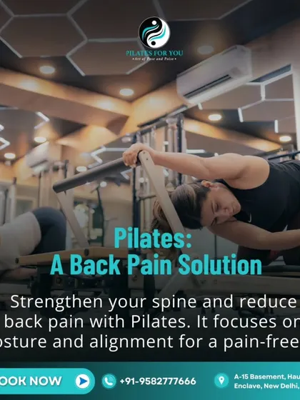 My back pain solution program focuses on strengthening the spine through targeted exercises. Here, a client works on the reformer to improve posture and build a foundation for a pain-free life.