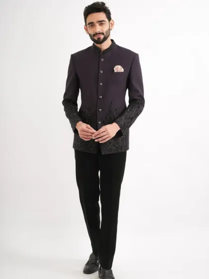 Full-length view of the dark purple Jodhpuri, a great alternative to black or navy.