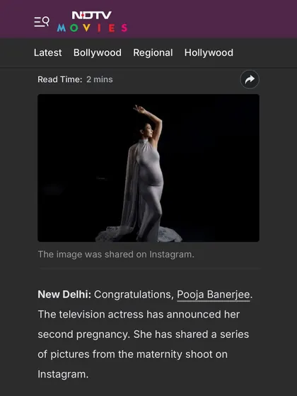 A screenshot of the NDTV Movies feature on actress Pooja Banerjeee's maternity shoot. It was an honor to have our celestial-themed session recognized.
