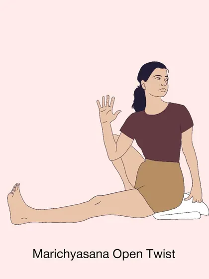 An illustration of Marichyasana Open Twist. This is a key part of my home practice sequence for menstrual cycle support and general back release.