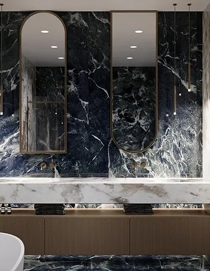 A preview of a bold, luxurious bathroom concept. This 3D visualization highlights the dramatic effect of book-matched blue marble, complemented by modern fixtures and ambient lighting to create a spa-like retreat.