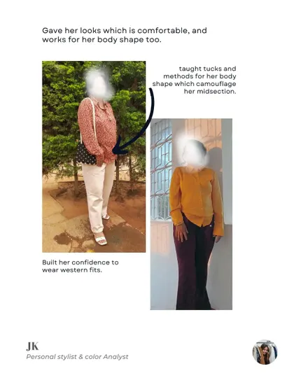 Another example of how we built confidence through styling. We found looks that were comfortable, worked for her body shape, and taught her techniques to flatter her figure.