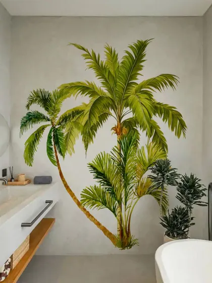 This bathroom becomes a tropical escape with our Beach Green Palm Tree wall sticker. The design adds a touch of nature and serenity to your daily routine.