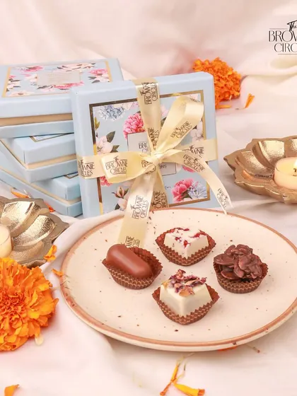 Another beautiful packaging option for our assorted Diwali chocolates. The presentation is just as important as the quality of the chocolates inside.