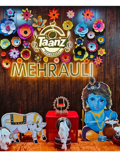 Another view of our Janmashtami decor, featuring a cutout of Bal Krishna. Our space is always decorated to reflect the festive spirit of our community.