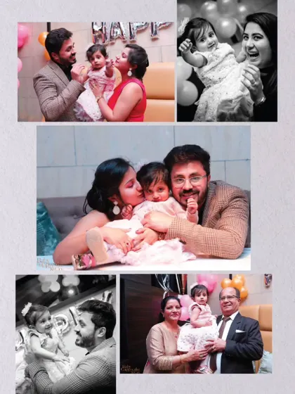 A collage of memories from a first birthday, showing different candid moments with parents and grandparents.
