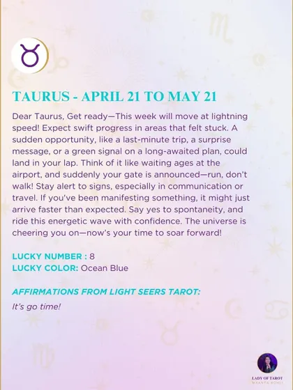 An energetic weekly tarot prediction for Taurus. This week will move at lightning speed, so say yes to spontaneity and ride the wave with confidence.