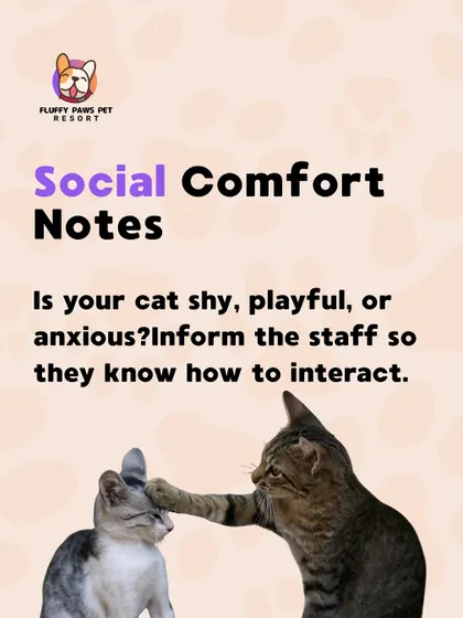 Let us know your cat's personality. Sharing social comfort notes about whether your cat is shy, playful, or anxious helps our staff interact with them in the best way possible.