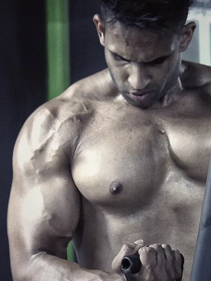 A close-up shot showing the muscle definition that comes from years of focused training and nutrition.