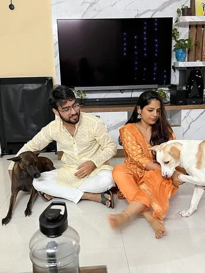 The whole family together. We are so grateful to adopters who give our dogs such wonderful lives.