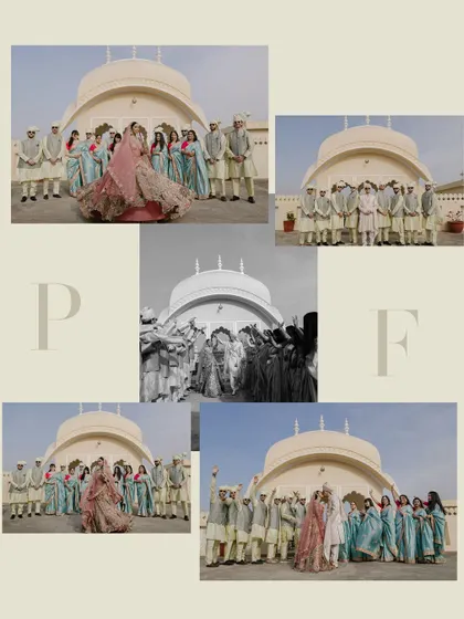 A creative collage capturing various moments of the couple and their wedding party on the palace rooftop, blending color and black-and-white shots.