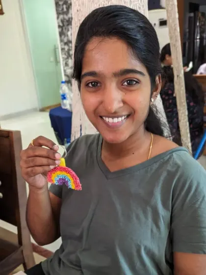 This student made a beautiful rainbow keychain, a perfect small project to learn the basics of punch needle.