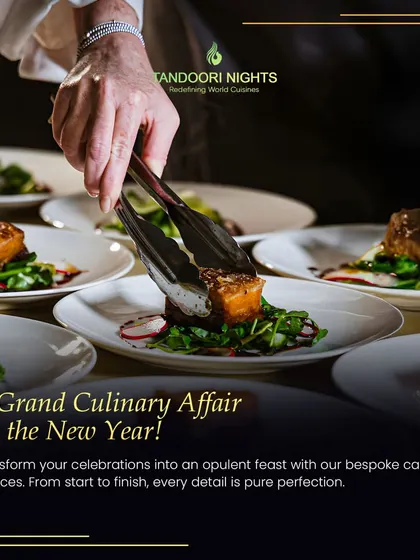 A chef carefully plates a dish, showcasing the focus and precision that goes into every single serving at our events. This image represents our promise of a grand culinary affair.