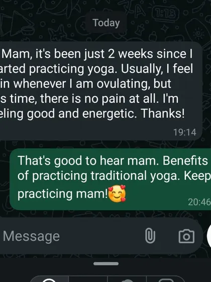 In just two weeks of practice, a student noticed that her usual ovulation pain was completely gone. Small, consistent changes like this show the immediate benefits of traditional yoga for hormonal health.