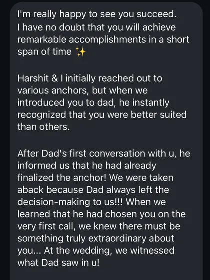 Nothing means more to me than hearing from a happy client. This feedback highlights my commitment and the connection I build not just with the organizers, but with their families and guests, which is the foundation of my work.