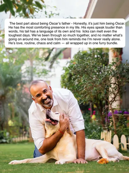 A moment of pure happiness between a man and his dog, Oscar, in their backyard. The accompanying words from his heart show just how deep this bond goes, a mix of chaos and calm.