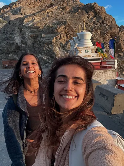 Happy smiles and windswept hair in Ladakh. The joy of exploration and friendship is a huge part of the retreat experience.