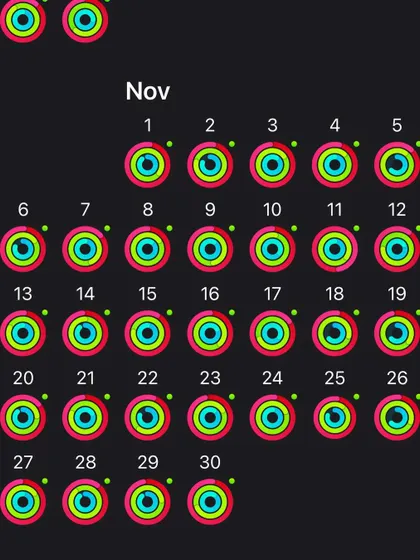 A screenshot of my Apple Watch activity rings for a full month of consistent training. Closing your rings can be a great motivator, but it's also a reminder to listen to your body and prioritize recovery to avoid burnout and soreness.