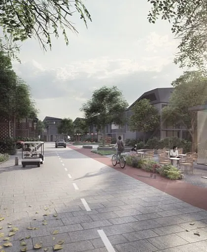 The streetscape of the Kolgaon Masterplan is designed to be pedestrian-friendly and community-focused. The low-rise, high-density townhouses are connected by landscaped paths, social greens, and small public spaces like this cafe pavilion.