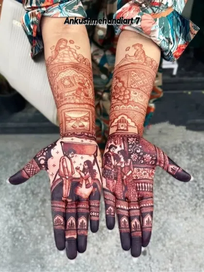 A beautiful depiction of a wedding ceremony after the stain has matured. This shows the rich, dark color my natural henna achieves, with clear portraits and intricate details.