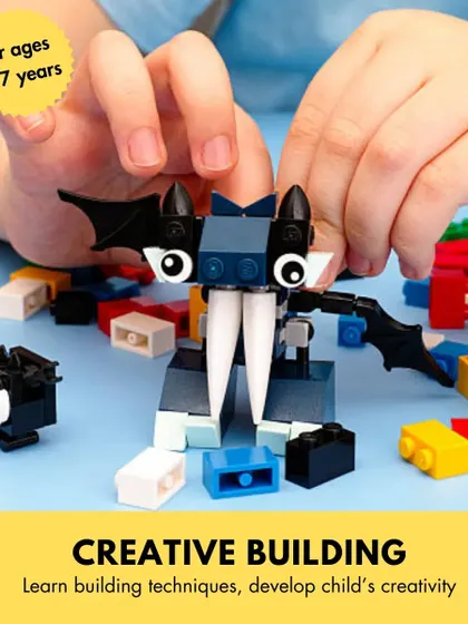 We also offer online Creative Building classes for ages 5-7, where kids learn building techniques to develop their creativity from home.