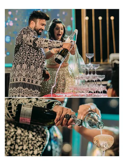 A collage showing the celebratory champagne pour, a classic highlight of a grand reception.