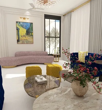 A vibrant and eclectic living room from our Villa 72 project. We played with bold colors like royal blue and mustard yellow, and mixed different furniture styles, including curved sofas and tufted armchairs, to create a luxurious and energetic space.