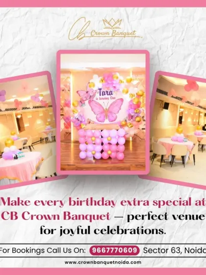 A lovely pink butterfly-themed decor setup. The central photo backdrop and balloon arrangements create a perfect spot for cake cutting and taking memorable pictures.