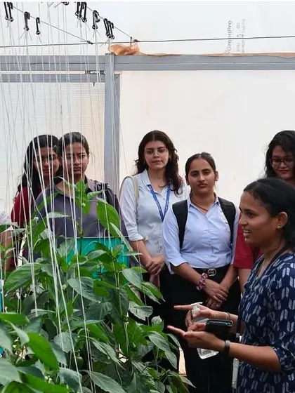 A trainer from our team explains the intricacies of protected cultivation to an attentive group of students from SCMS Bengaluru during their industrial visit.