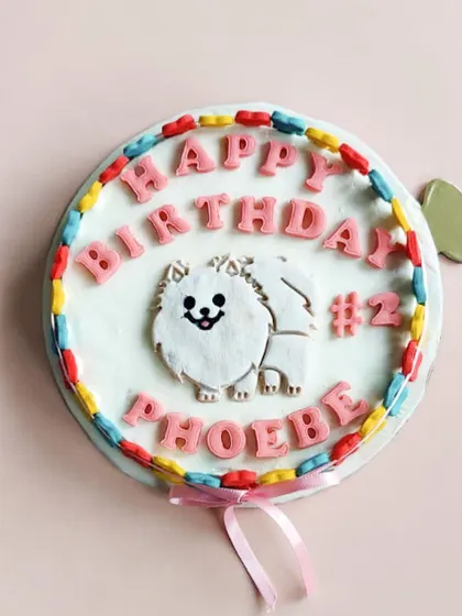 This pretty-in-pink cake was for Phoebe's 2nd birthday. It's a peanut butter chicken cake with a cute Pomeranian cookie and a colourful border, designed to be as sweet as she is.