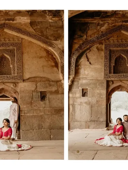 A two-panel image showing different compositions of the couple within a stunning heritage location. This demonstrates the variety of shots I capture to tell a complete story of your pre-wedding session.