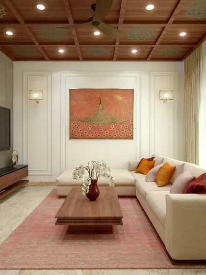 This living room for Mr. Aniketh's residence showcases our Indian Bohemian style. We combined a coffered wooden ceiling, a plush sectional sofa, and earthy tones to create a warm, comfortable, and culturally rich environment.