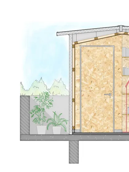 A section of an old architectural drawing for a workspace. Our archives are filled with sketches and plans that trace the evolution of our ideas and projects over the years.