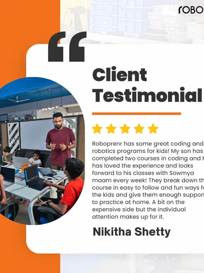 A testimonial from Nikitha Shetty, who shares that her son loves his coding classes with us. She appreciates how we break down the course into easy, fun-to-follow steps with great support.