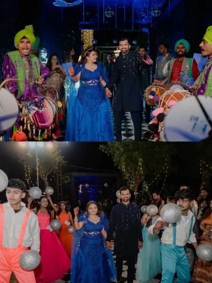 The grand entrance! Flanked by dhol players and performers, the couple enters their Sangeet with energy and style. We capture the entire spectacle, preserving the excitement of the moment.