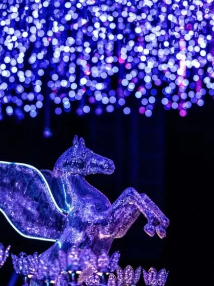 An illuminated pegasus sculpture stands guard under a canopy of glittering lights. Such statement pieces are central to my design philosophy, adding a touch of myth and magic to the cosmic theme.