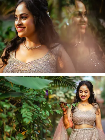 A collage of the bride surrounded by lush greenery. The top image uses a reflection to create an artistic, layered effect, while the bottom shot is a classic, happy portrait.
