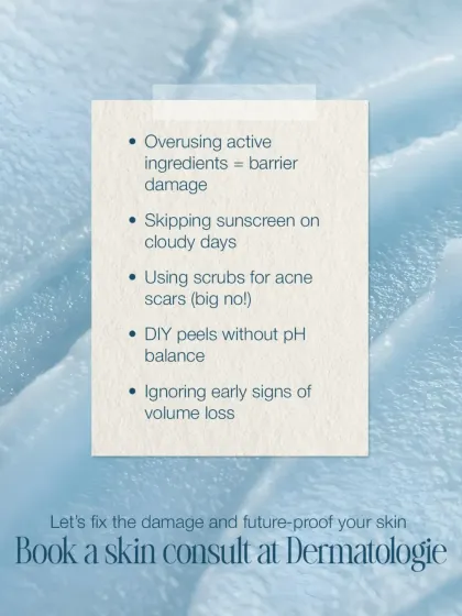 This list details common skincare mistakes that can damage your skin, such as overusing actives, skipping sunscreen, and using harsh scrubs on acne. We can help fix the damage and future-proof your skin.