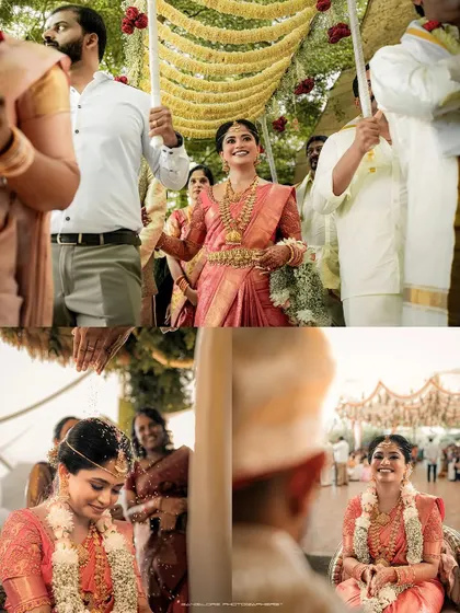 A collage showcasing different moments from the bride's ceremony. From her grand entrance to the intricate rituals, it tells a story of tradition and beauty.