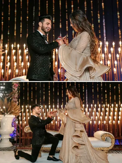 A collage of the proposal and ring exchange on stage. From him on one knee to her slipping the ring on his finger, we capture the key moments of their commitment.