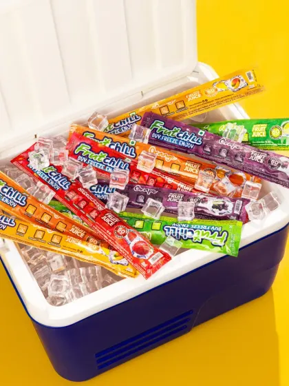 To capture the fun and refreshing vibe of Fruitchill pops, we created this vibrant summer scene. Filling an icebox with their entire range of flavors against a bright yellow background, this shot is designed to feel energetic, appealing, and perfect for a social media campaign.
