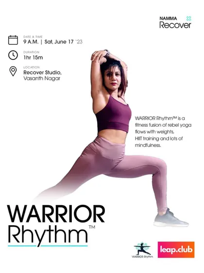 Thrilled to bring WARRIOR Rhythm to the Leap.club community. This poster details the event, describing the format as a fusion of rebel yoga, HIIT, weights, and mindfulness.