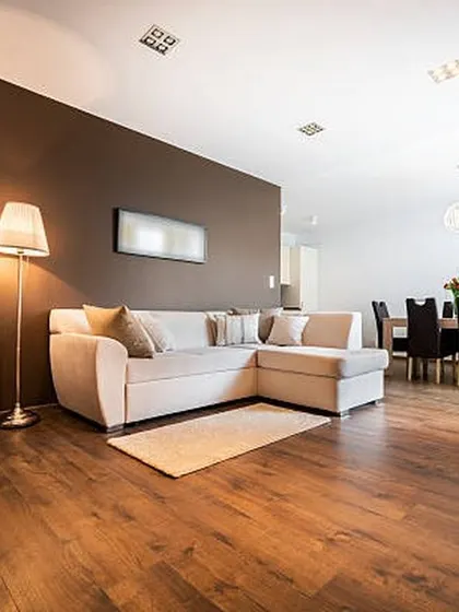 A dark wood floor provides a strong, elegant base for this open-plan living and dining area. It contrasts nicely with the light-colored sofa and white walls, creating a modern and defined space.