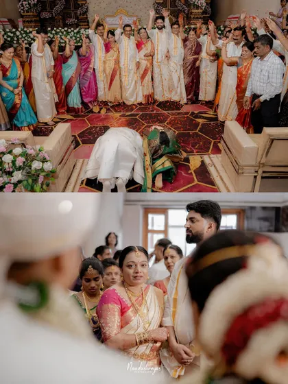A two-part collage showing the couple seeking blessings and a candid family moment. It highlights the blend of solemn tradition and personal emotion.