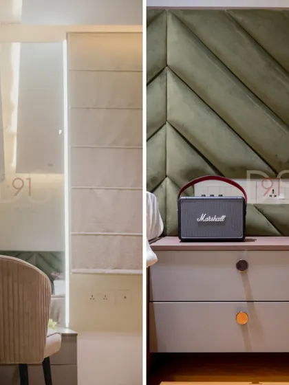 A split view showing details of the bedroom, including the custom headboard and a stylishly lit dressing area.