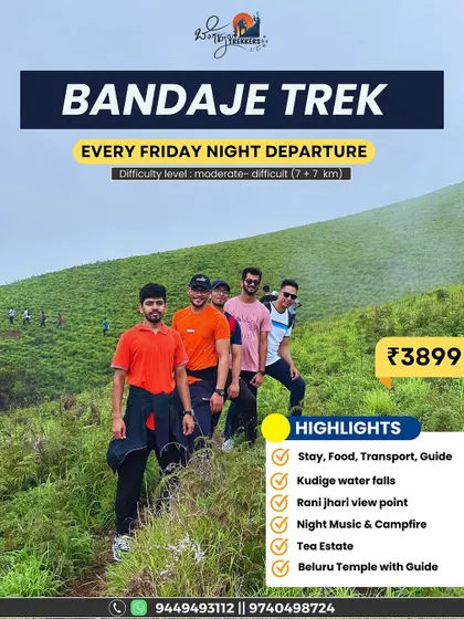 Explore the beauty of Bandaje with our all-inclusive package. This 14 km trek includes visits to Kudige waterfalls, Rani Jhari viewpoint, and the Beluru Temple, complete with campfire nights.