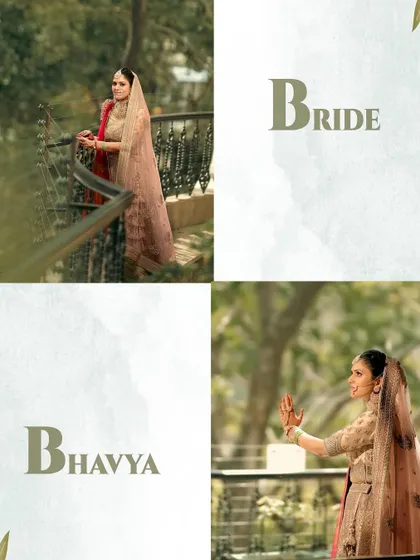 A collage of the bride, Bhavya, on her wedding day at a destination in Rishikesh. The photos capture her in moments of quiet reflection and happiness against a natural, green backdrop.